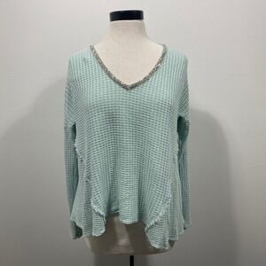 Juicy Couture Y2K Waffle Knit Embellished V Neck Top Long Sleeve Size L‎
